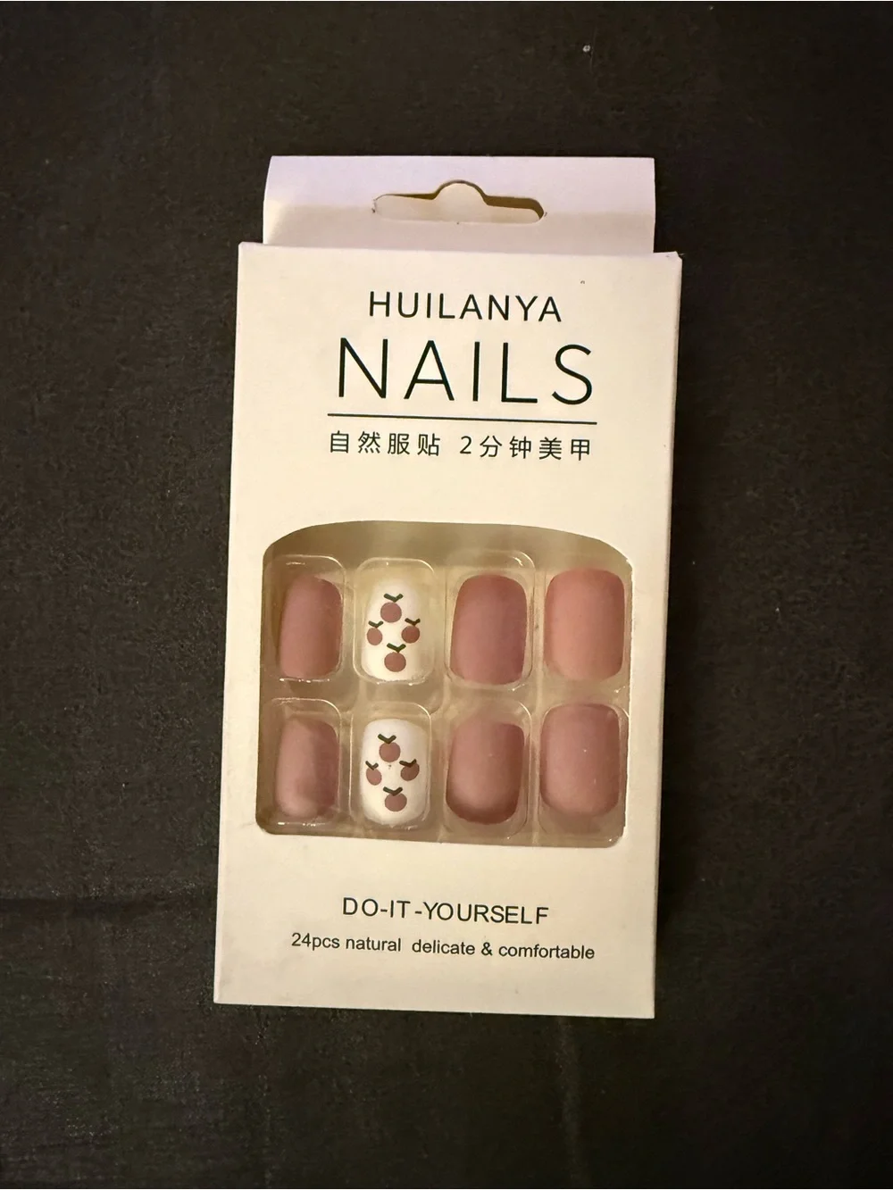 Huilanya Pink Press-On Nails with Cherry Accent - 24pcs